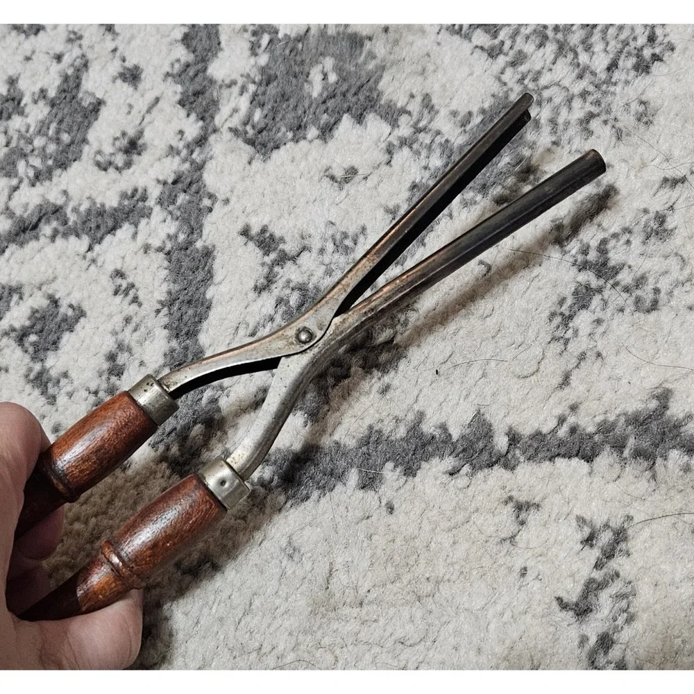 Antique 1920s Stove Heated Curling Iron with Wood Handles